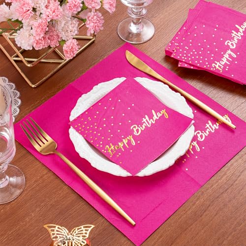 Wrapaholic 25-Pack Hot Pink Gold Foil Happy Birthday Cocktail Napkins 5x5 Inches