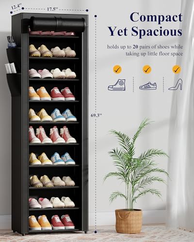 10-Tier Shoe Rack with Cover - Space Saving 20 Pair Shoe Organizer