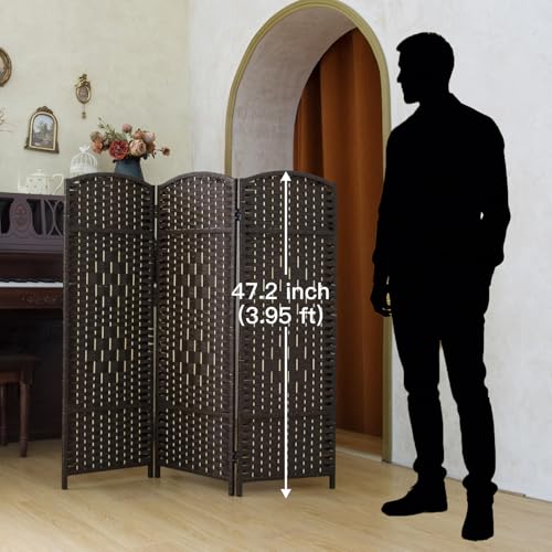 PawlaBay Dark Brown 3-Panel Short Rattan Room Divider, 47.2-Inch Privacy Screen for Home & Office