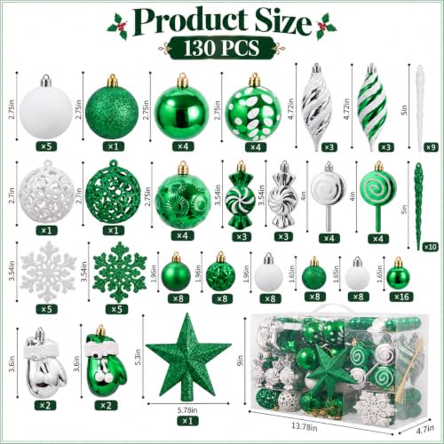 130 Pcs Green, Silver & White Christmas Ball Ornaments Set - Shatterproof with 130-pc Variety (Green / 130 Pcs)