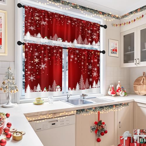 Britown Christmas Kitchen Curtains and Valances Set with Red Snowman - 36 Inch