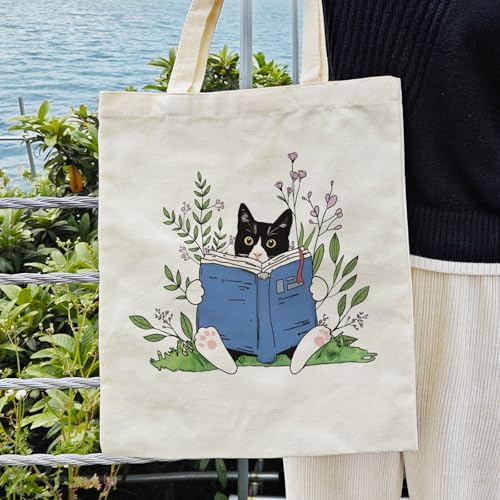 Dlzdn Cat Tote Bag - Cute Tuxedo Cat Print Reusable Grocery Beach Tote 14x16in