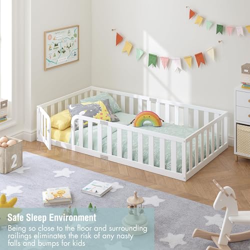 Twin Size Montessori Floor Bed Frame with Fence and Door - Solid Wood