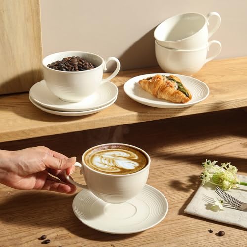 Feenmai 12oz Ceramic Cappuccino Cups & Saucers Set of 4 - White Latte Mug for Coffee & Tea, Microwave & Dishwasher Safe
