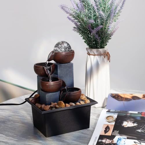 4-Tier Indoor Desktop Fountain with Warm LED Lights and Adjustable Pump