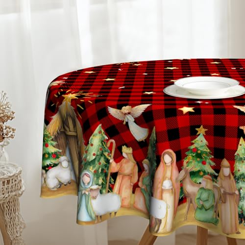 VentuCoven Christmas Nativity Round Tablecloth 60 Inch Red Buffalo Plaid Decor