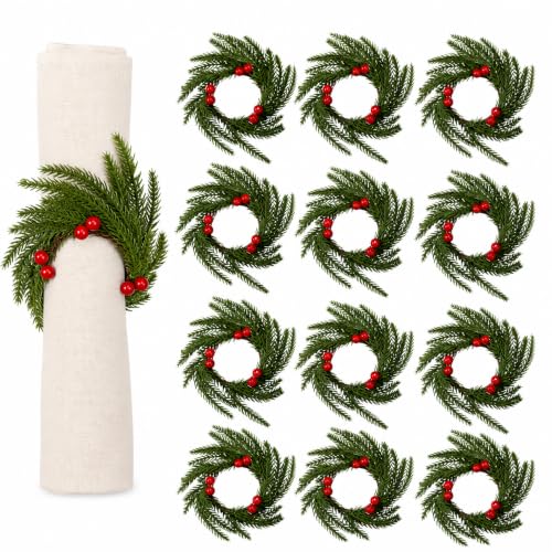 Gandeer 12 Pcs Christmas Napkin Rings Wreath Holders - Red Berry