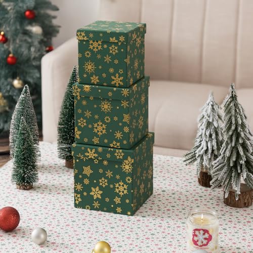 Soul & Lane Christmas Nesting Gift Boxes with Lids - Emerald Snowfall Set of 3, Green Holiday Decor