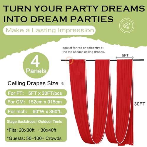 Party Village 4-Pack Red Ceiling Drapes 5ft x 30ft for Weddings & Parties