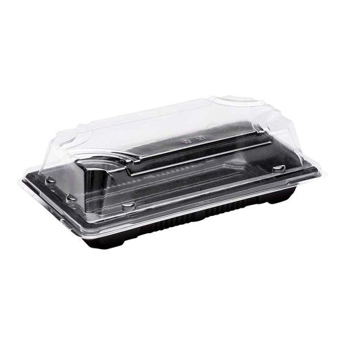 Restaurantware Roku 6.9 x 3.75 Inch Sushi Trays 100 Disposable Sushi Containers With Lids - Medium Rectangle Black Plastic To Go Containers For Appetizers Entrees or Desserts