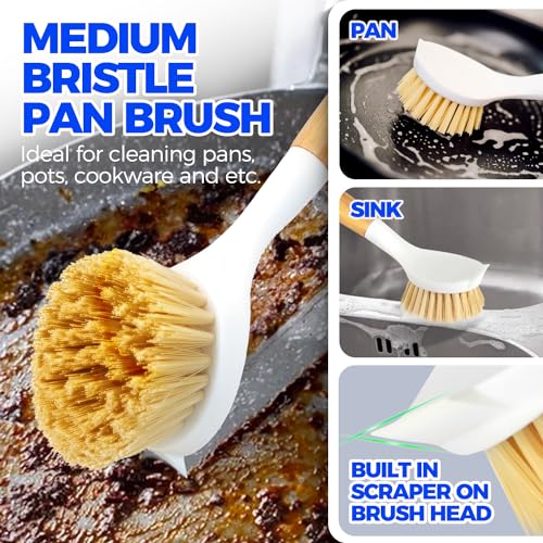 3-Pack Bamboo Handle Kitchen Dish Brushes for Pots, Pans & Veggies