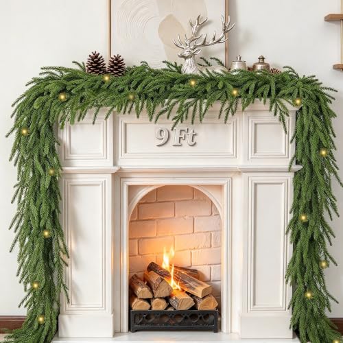 Cherica 1 Pcs 9 Ft Christmas Norfolk Pine Garland with Lights - Holiday Decor