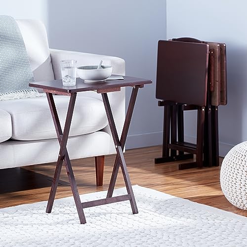 Foldable Wood TV Tray Table Set with Storage Stand, Espresso, 4-Pack