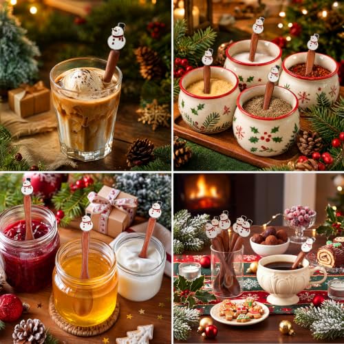 Christmas Snowman Coffee Spoons Set - 8 Wooden Tea Stirring Spoons with Holiday Decor