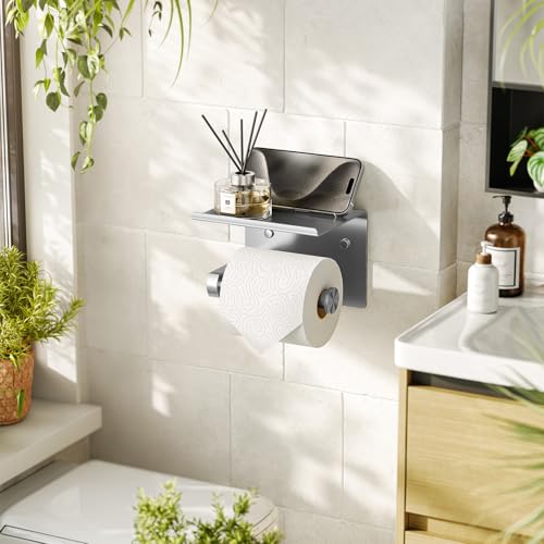 Wall Mounted Toilet Paper Holder with Phone Shelf, Brushed Nickel