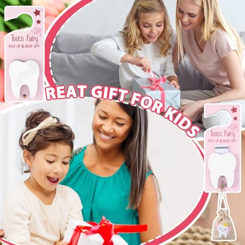Wooden Tooth Fairy Door Hanger Set with Drawstring Pouch & Glass Jar