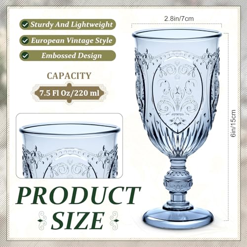 100 Pcs Vintage Embossed Plastic Wine Glasses, 7.5 oz Blue Goblets