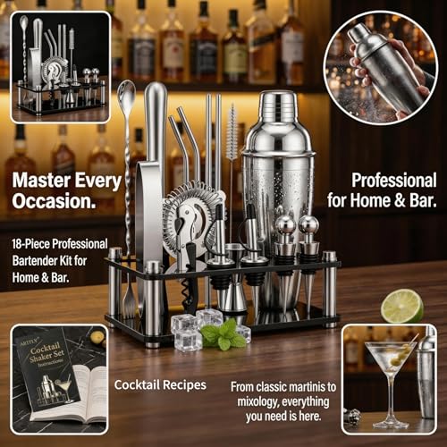 ARTFLY 18-Piece Cocktail Shaker Set with Stand - Bartender Kit for Home & Bar