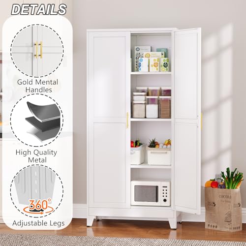 61-Inch Metal Pantry Cabinet with 2 Doors and Adjustable Shelves, White