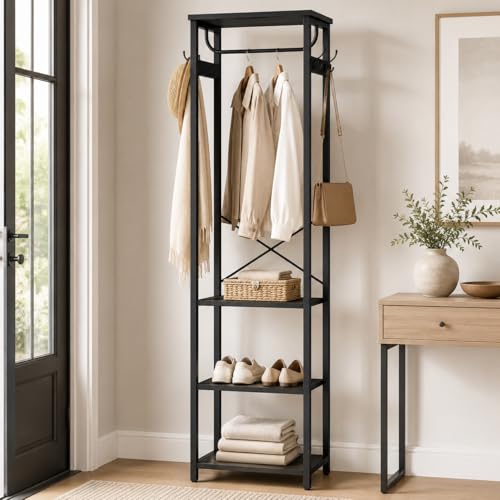 Industrial Freestanding Coat Rack with Hanging Rod and 3 Wooden Shelves