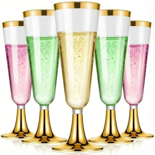 CYUU 100 Pack Gold Rim Disposable Champagne Flutes 5.5oz for Weddings & Parties