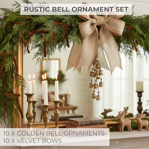 Rustic Gold Christmas Bell Ornaments Set with Velvet Bows - Holiday Decor