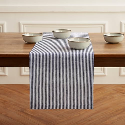 Solino Home 100% Pure Linen Table Runner Navy & White Stripe 14 x 90 in (Navy & White)