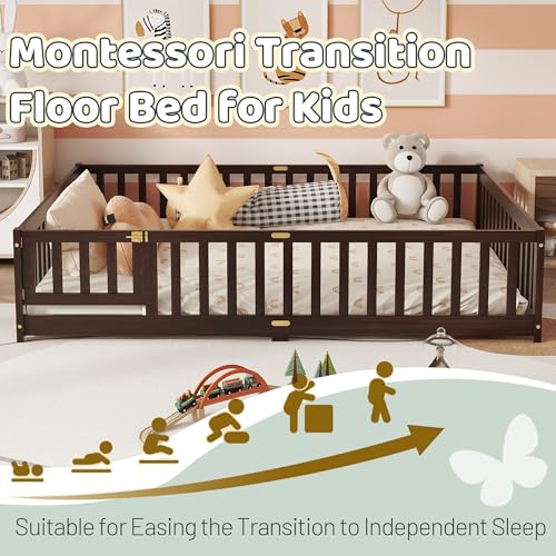 Queen Montessori Floor Bed with Safety Guardrails and Lockable Door