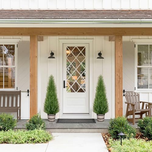 4ft Artificial Cedar Topiary Trees in Rustic Barrel Planters, Set of 2