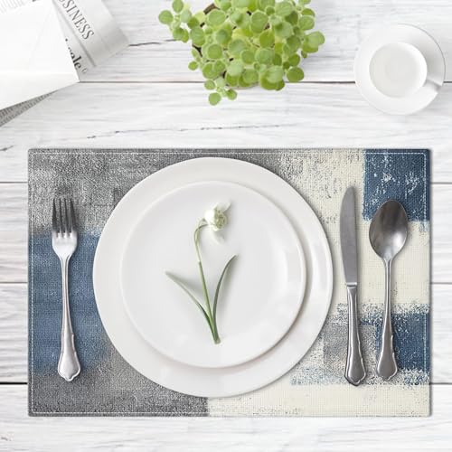 Abstract Blue Grey Linen Placemats Set of 4, 12x18 Inch Farmhouse Table Mats