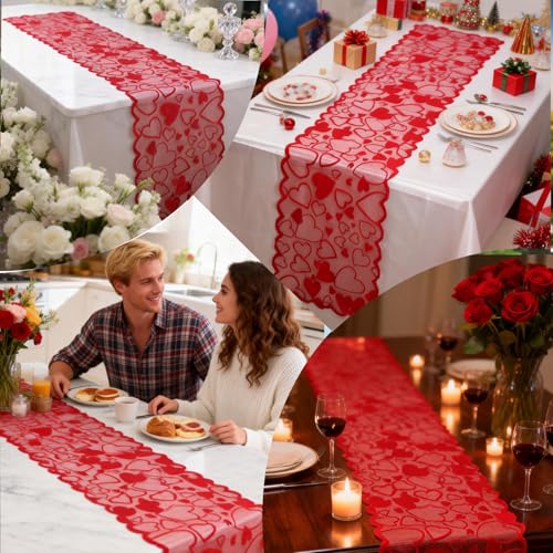 Valentine's Day Lace Heart Table Runner - 13 x 72 Inch Romantic Home Decor