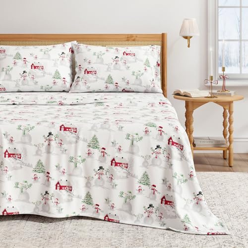 Great Bay Home California King Christmas Flannel Sheet Set - 100% Turkish Cotton, Double-Brushed, Winter Wonderland