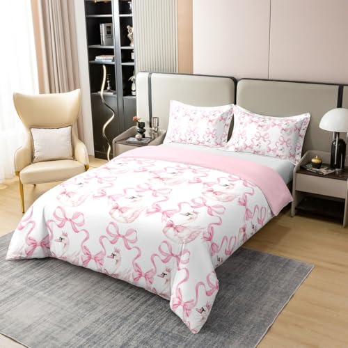 Manfei Twin Size Watercolor Pink Swan Cotton Duvet Cover Set with Pillow Sham, Princess Crown & Bowknot Design, Baby Pink & White