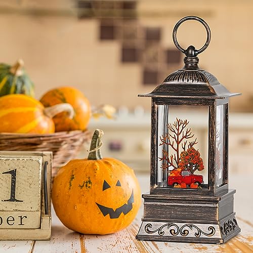 Lighted Fall Snow Globe Lantern with Red Truck, USB/Battery Powered Decor