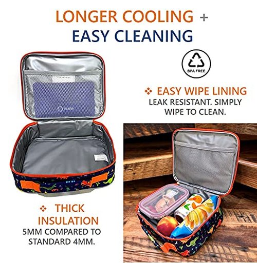 kinsho Lunch Bag with Water Bottle and Ice Pack Set, Boys Lunch-Box Set for Toddler Daycare or Pre-School, Kids Container for Lunches, Blue Orange Dinosaur