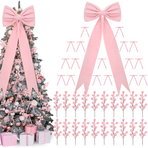 Pink Christmas Tree Decorations Set - Velvet Bows & Berry Picks for Holiday Decor