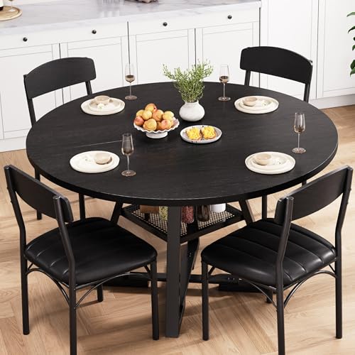 5-Piece Round Dining Table Set for 4 with Storage Shelf, 42-Inch Black