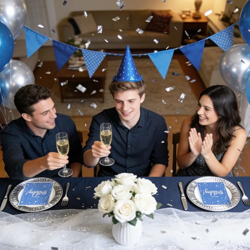 Vuzvuv Confetti HBD Blue 52 Pack Happy Birthday Cocktail Napkins 3-Ply, Silver Foil, 5" Folded, Party Supplies