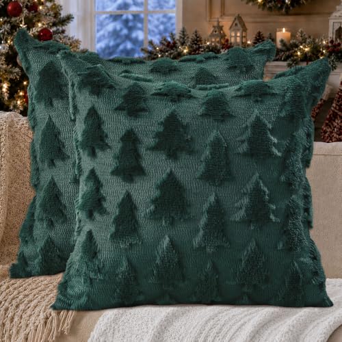 DFXSZ Green 18x18 Inch Christmas Tree Pillow Covers Set of 2 Decorative Holiday Cushions