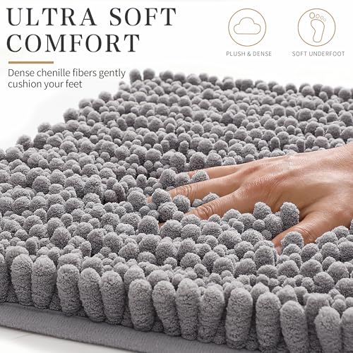 Yimobra Non-Slip Chenille Bath Mat – Extra Soft Absorbent Shaggy Rug, 24x17 Grey