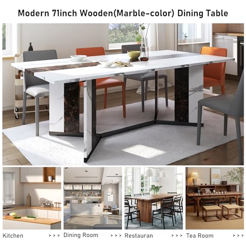 71-Inch Large Rectangular Dining Table, Modern Kitchen Table with Marble Look