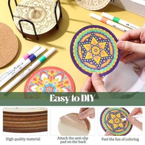 Reallnaive Mandala Wooden Coaster Painting Kit - 45 Pcs DIY Art Set with Markers & Cork Mats