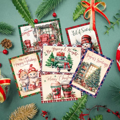 Vintage Christmas Cards with Envelopes - 12 Plaid Retro Holiday Note Cards