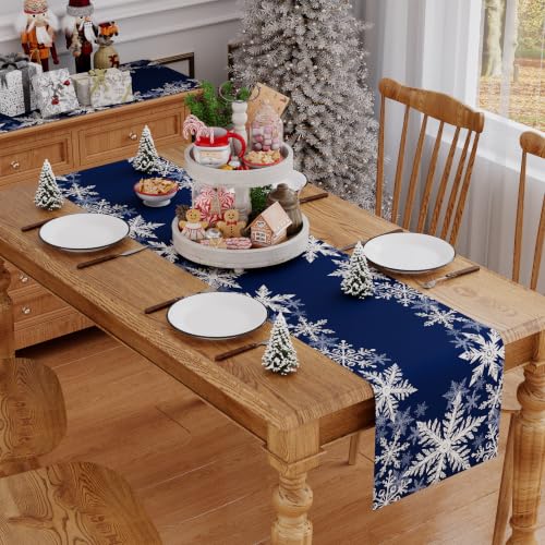 Siilues 220 GSM Blue Snowflake Christmas Table Runner 13x72 Inch