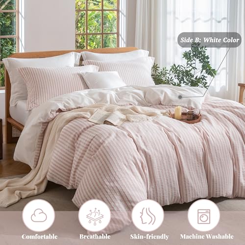 Pink Boho Jacquard Striped Queen Duvet Cover Set - 100% Washed Cotton, 3 Piece
