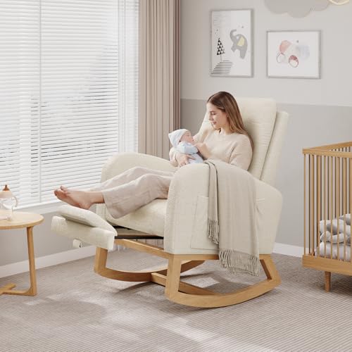 Nursery Rocking Chair with Adjustable Footrest and Teddy Fleece Upholstery