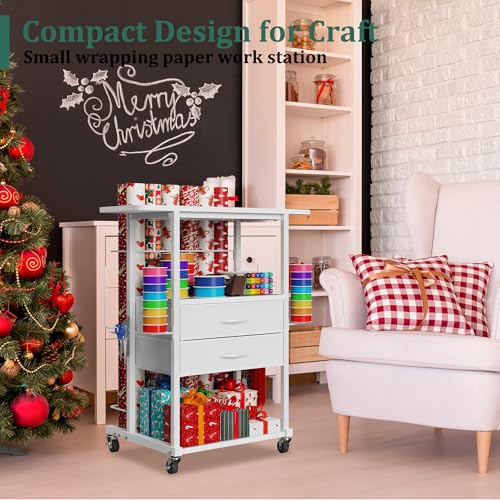 Rolling Gift Wrapping Paper Storage Cart with Fabric Drawers and Hooks