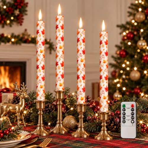Gedengni Maple Leaf Flameless Taper Candles with Remote - 4 Pack, 10 Inch LED Fall & Holiday Decor, Model T-FC-UP4TMB-LEAF