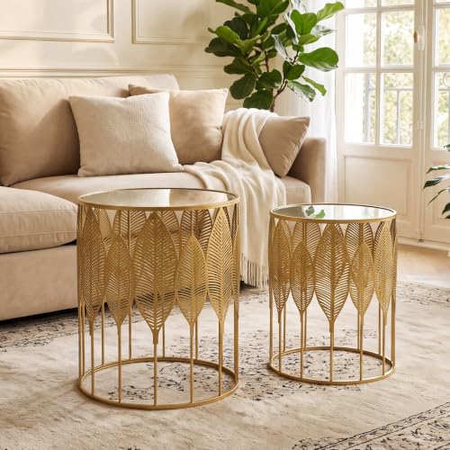 Gold Metal Nesting Tables Set of 2, Round Side Tables with Leaf Design