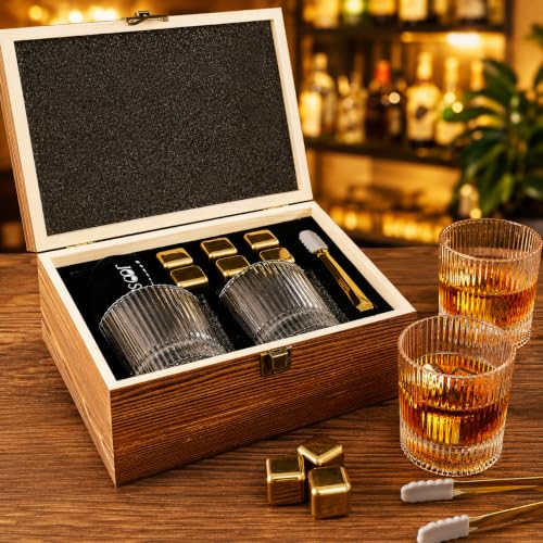 Hgsoor Gold Stones Whiskey Gift Set for Men with 2 Ribbed Bourbon Glasses & Chillers